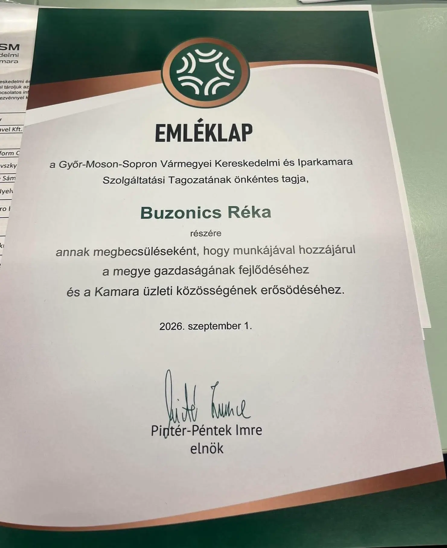A Be Brave Nyelvoktatás kamarai emléklapja